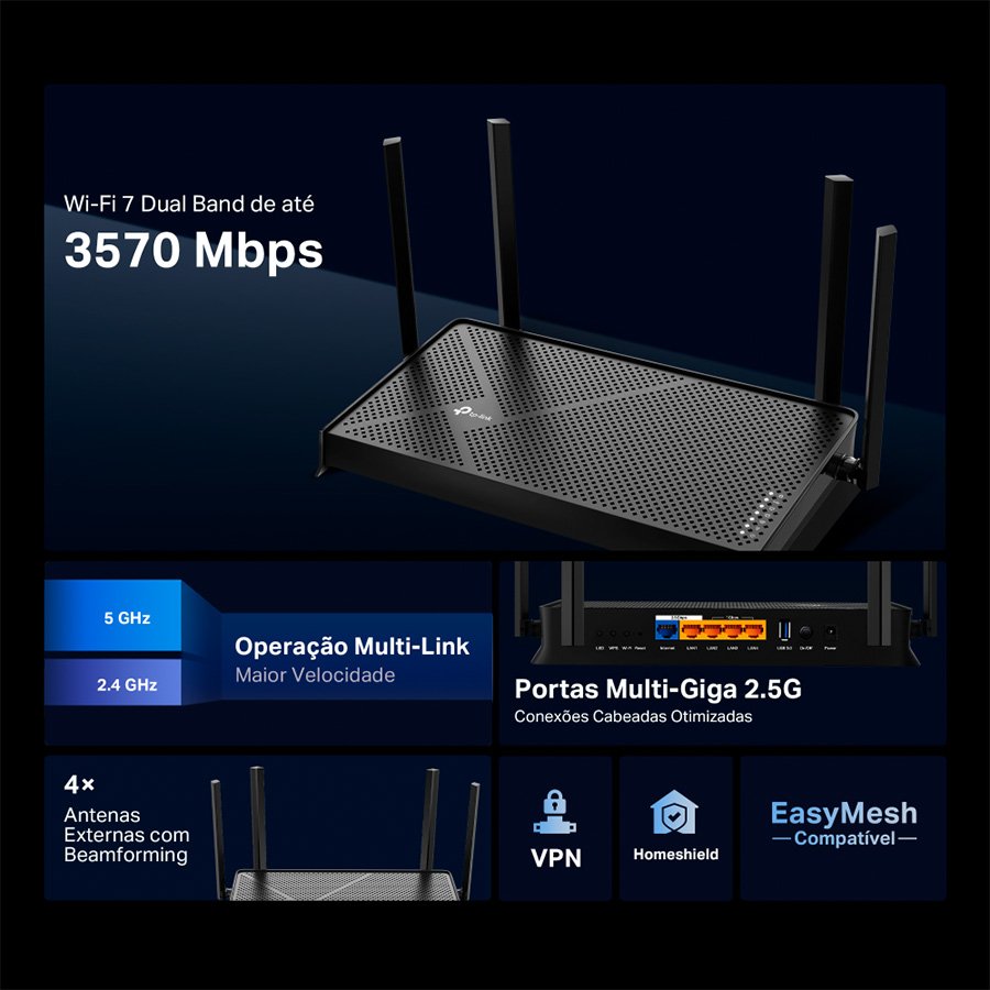 ROTEADOR WIRELESS DUAL-BAND BE3600 WI-FI7 2 PORTAS 2.5G + 3 PORTAS 1G (ARCHER BE230) — imagem 3
