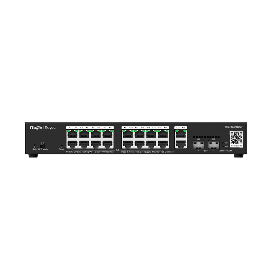 SWITCH 16 PORTAS POE+ GE + 2 PORTAS GE + 2 PORTAS SFP GERENCIAVEL (L2) RG-ES220GS-P