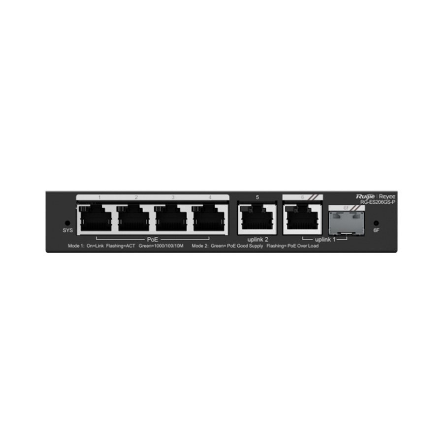 SWITCH 4 PORTAS POE+ GE + 1 PORTA GE + 1 PORTA COMBO SFP GERENCIAVEL (L2) RG-ES206GS-P