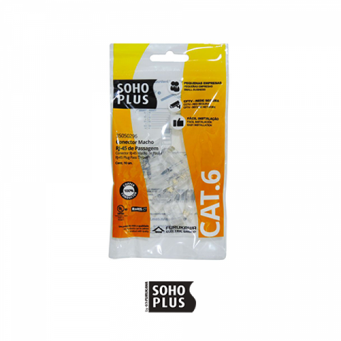 CONECTOR RJ45 SOHOPLUS MACHO CAT6 DE PASSAGEM PARA CABO SÓLIDO (PCT 10 PLUGS)